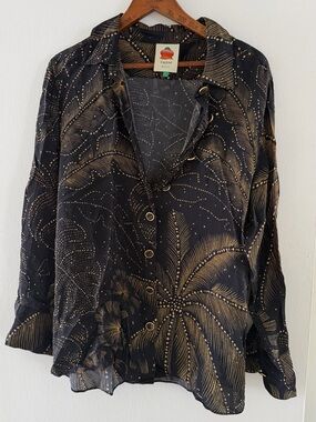 FARM Rio Black Button-Down Shirt with Gold Palm Print